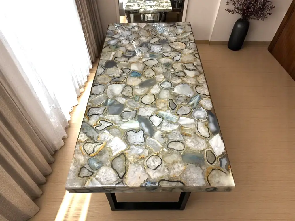 Rectangular Dining Table Top Featuring Agate Gemstone